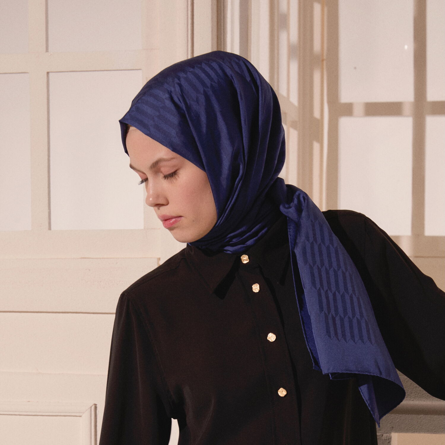 Navy Blue Drop Pattern Jacquard Wool Silk Scarf - 5