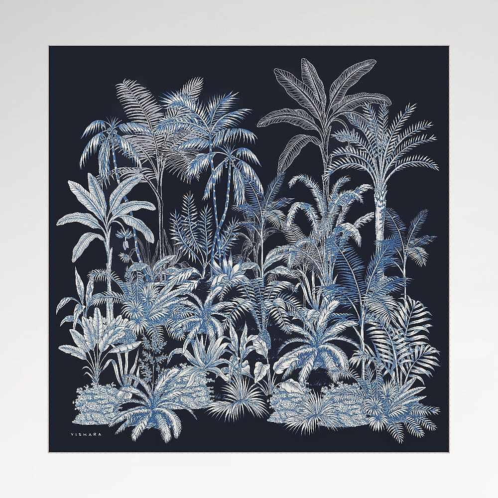 Navy Blue Exotic Oasis Patterned Twill Silk Square Scarf - 1