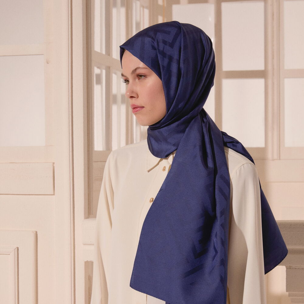 Navy Blue G Pattern Jacquard Wool Silk Scarf - Vismara