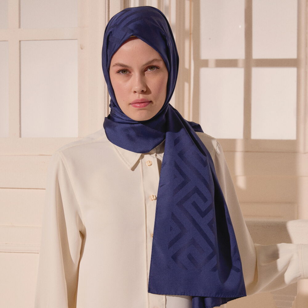 Navy Blue G Pattern Jacquard Wool Silk Scarf - Vismara