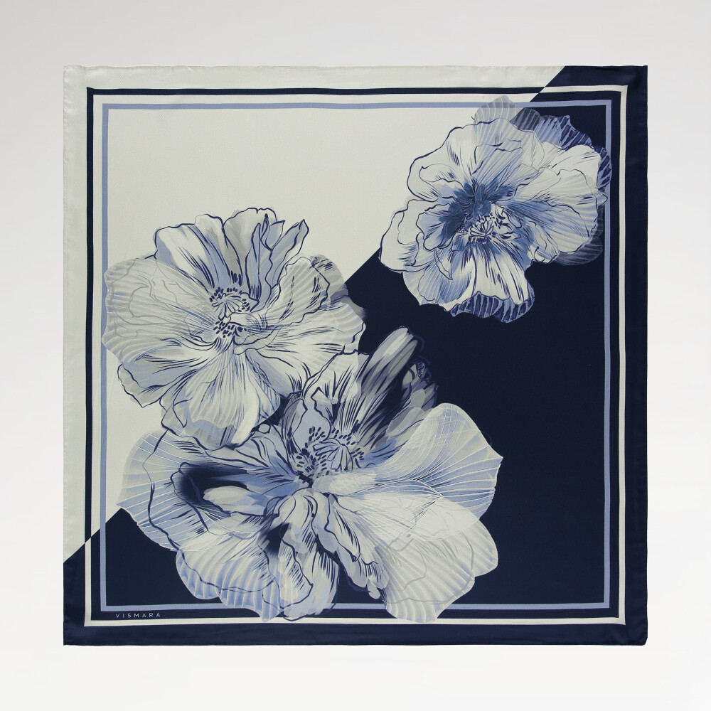 Navy Blue Linea Fiora Pattern Twill Silk Square Scarf