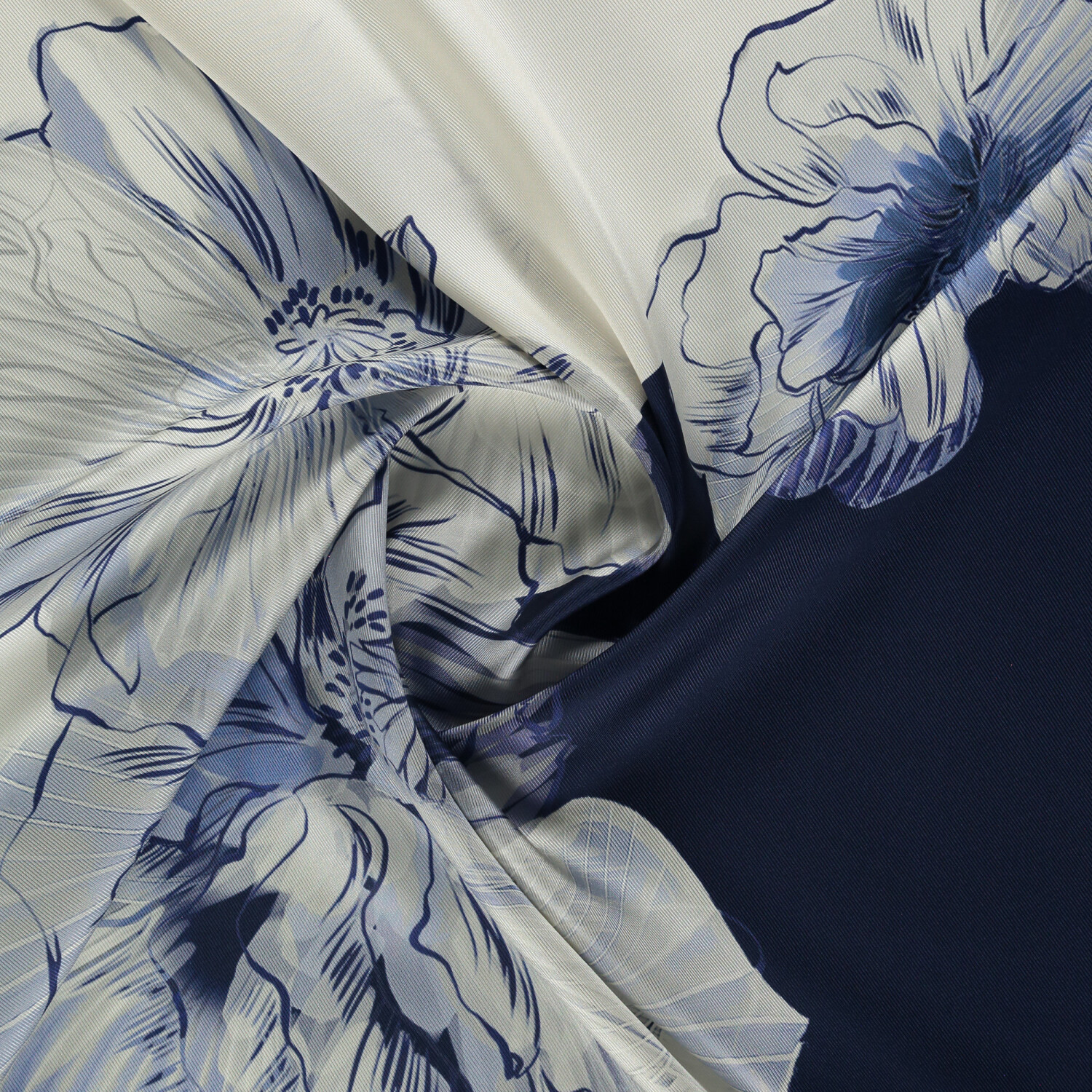 Navy Blue Linea Fiora Pattern Twill Silk Square Scarf - 2