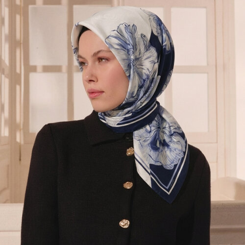 Navy Blue Linea Fiora Pattern Twill Silk Square Scarf - Vismara