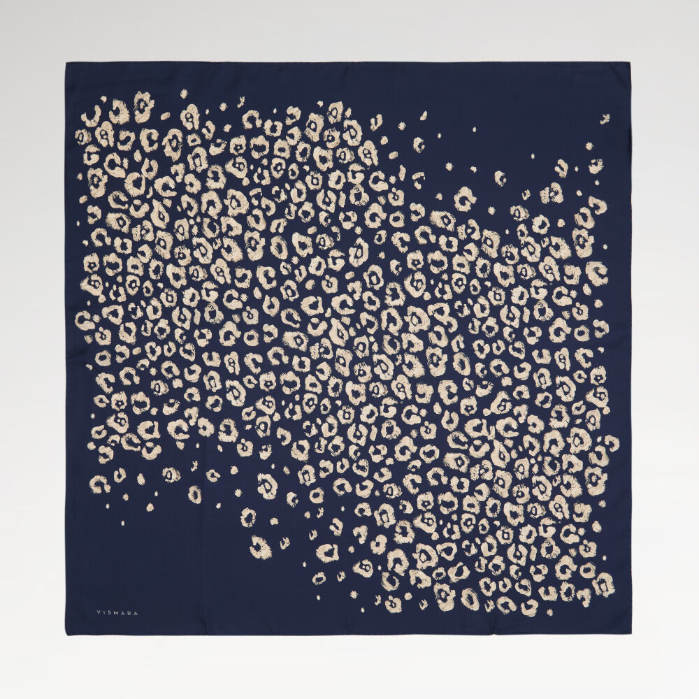 Navy Blue Modern Leopard Texture Patterned Twill Silk Square Scarf