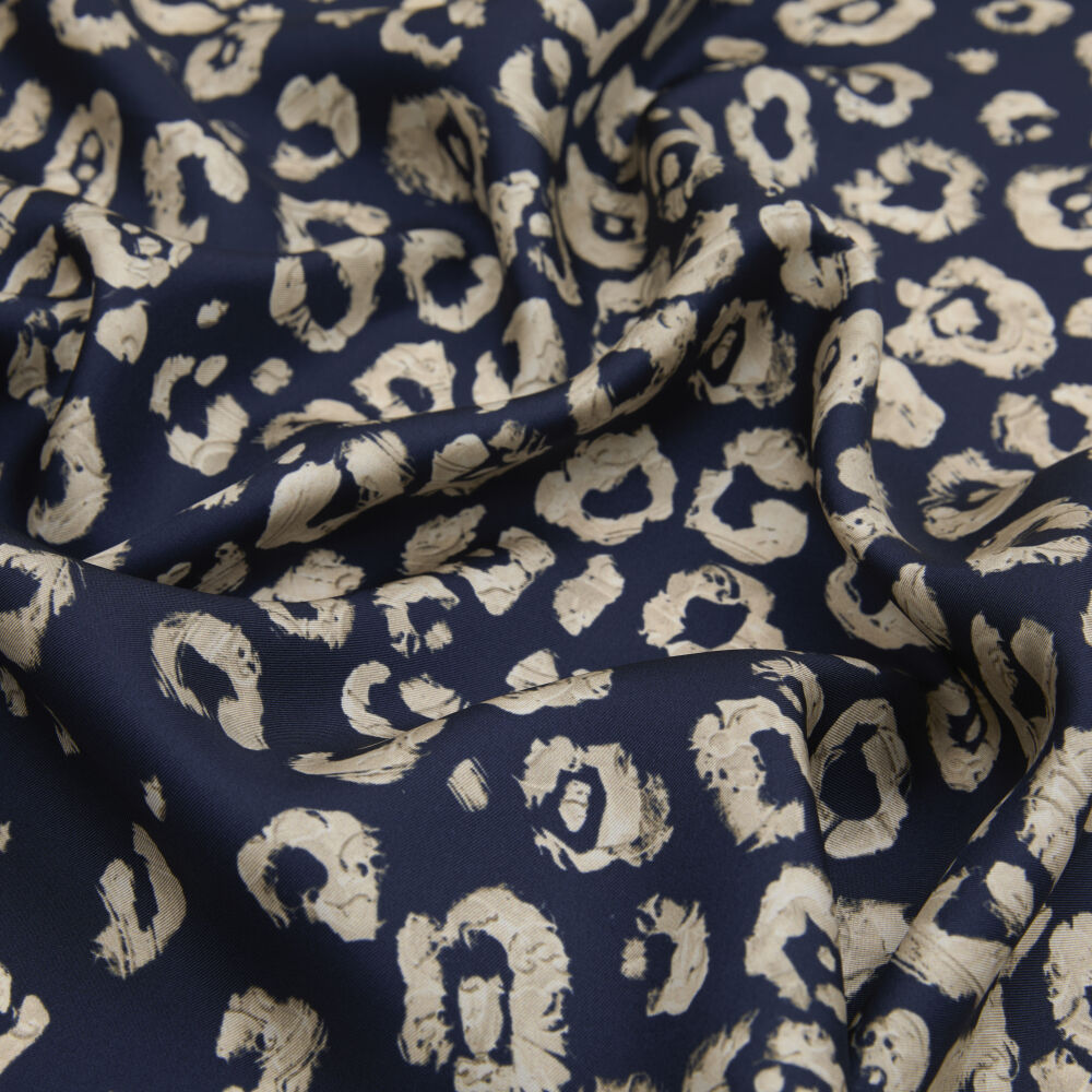 Navy Blue Modern Leopard Texture Patterned Twill Silk Square Scarf - Vismara