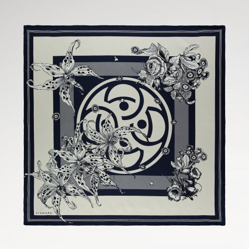Navy Blue Monogram Flora Patterned Silk Square Scarf