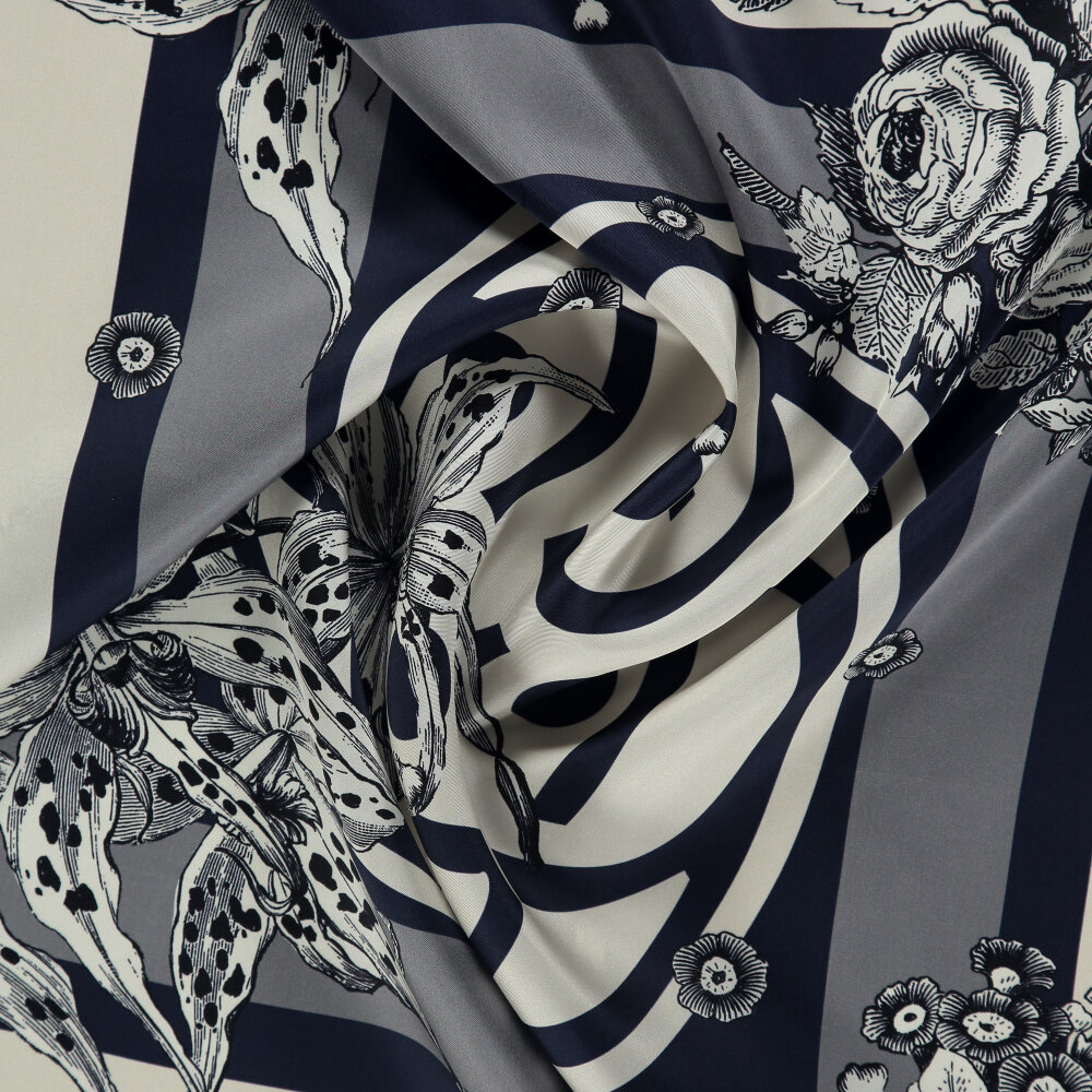Navy Blue Monogram Flora Patterned Silk Square Scarf - 2