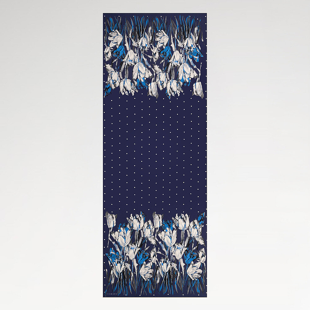Navy Blue Polka Dot Tulip Garden Pattern Silk Scarf - 2