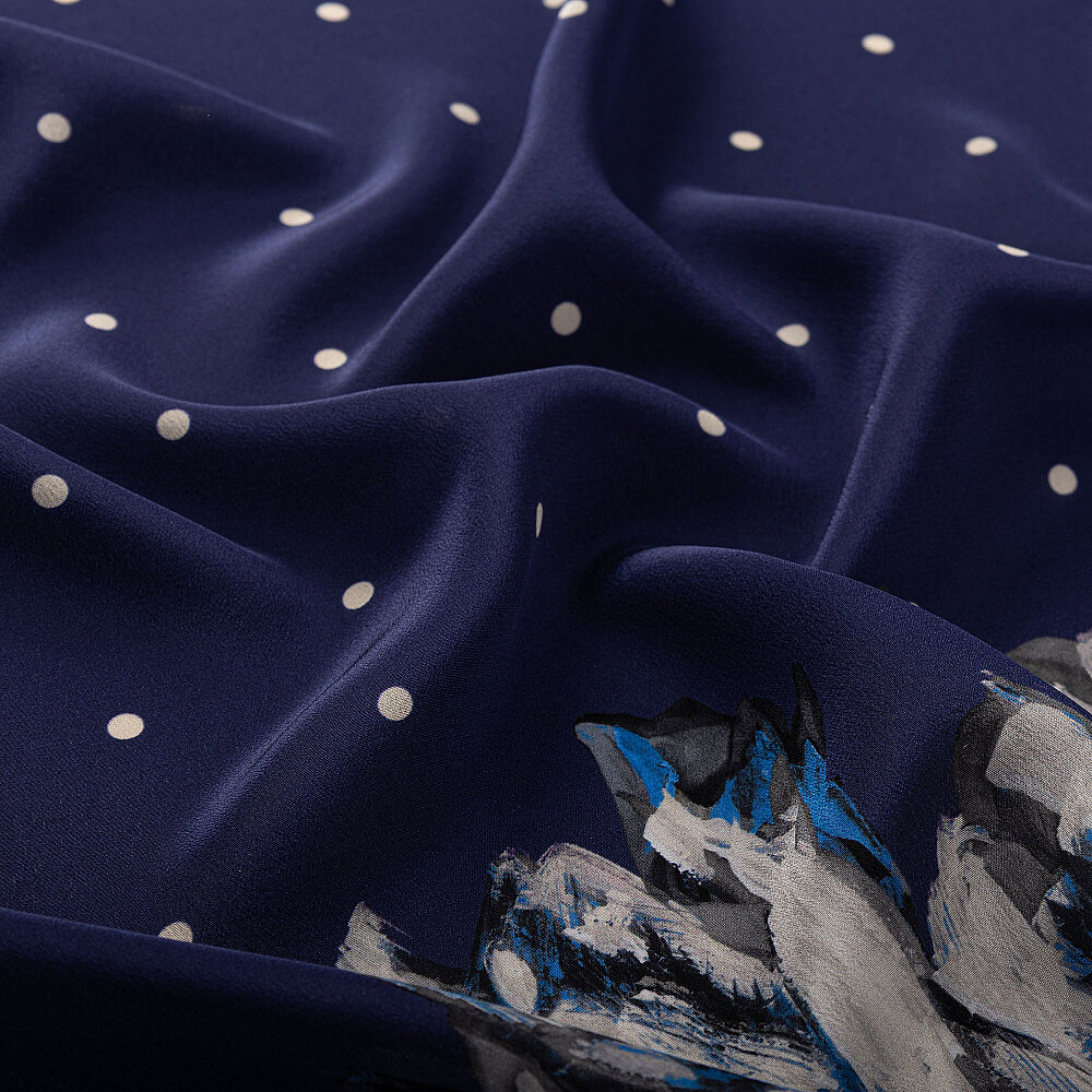 Navy Blue Polka Dot Tulip Garden Pattern Silk Scarf - 3