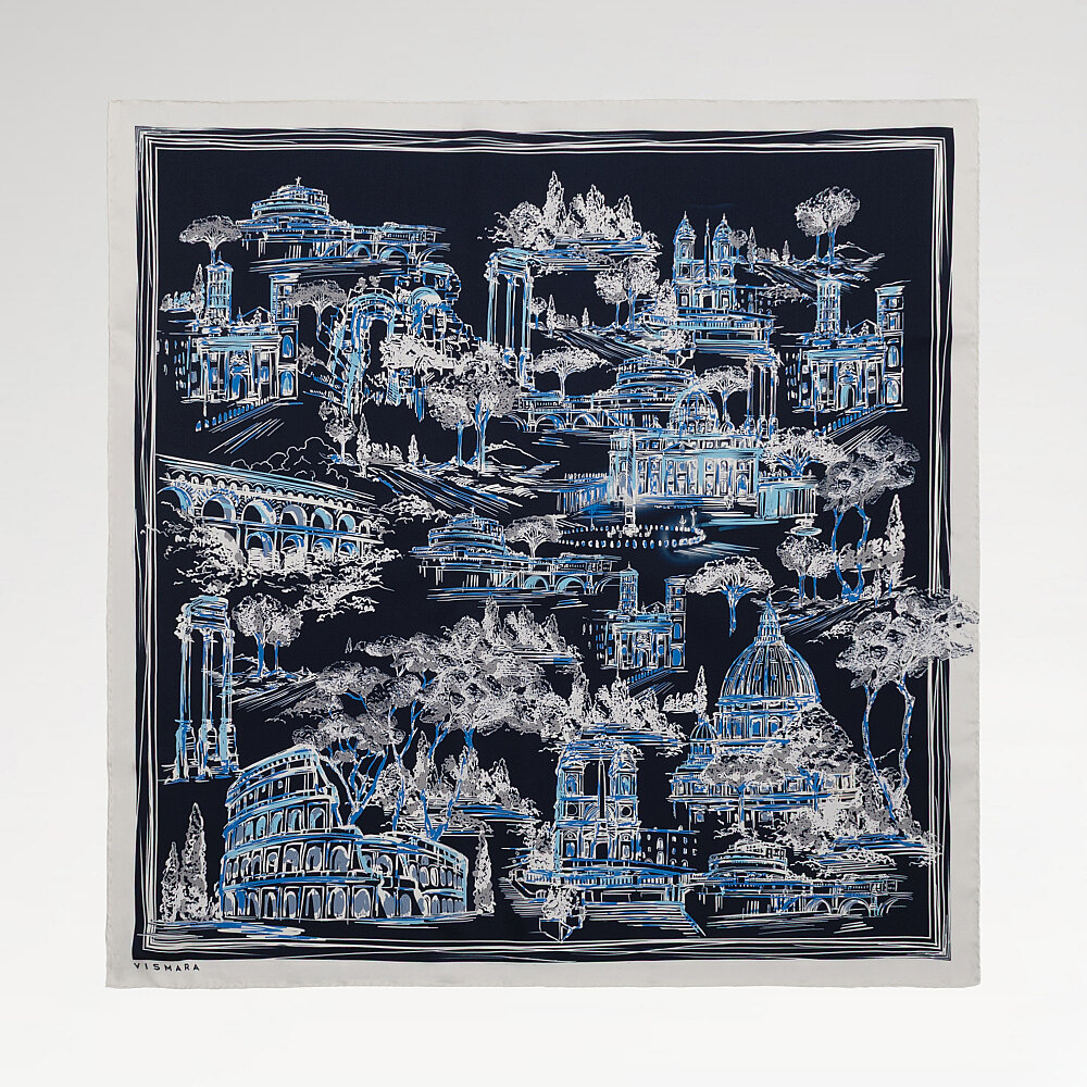 Navy Blue Roma Eterna Patterned Silk Square Scarf - 1