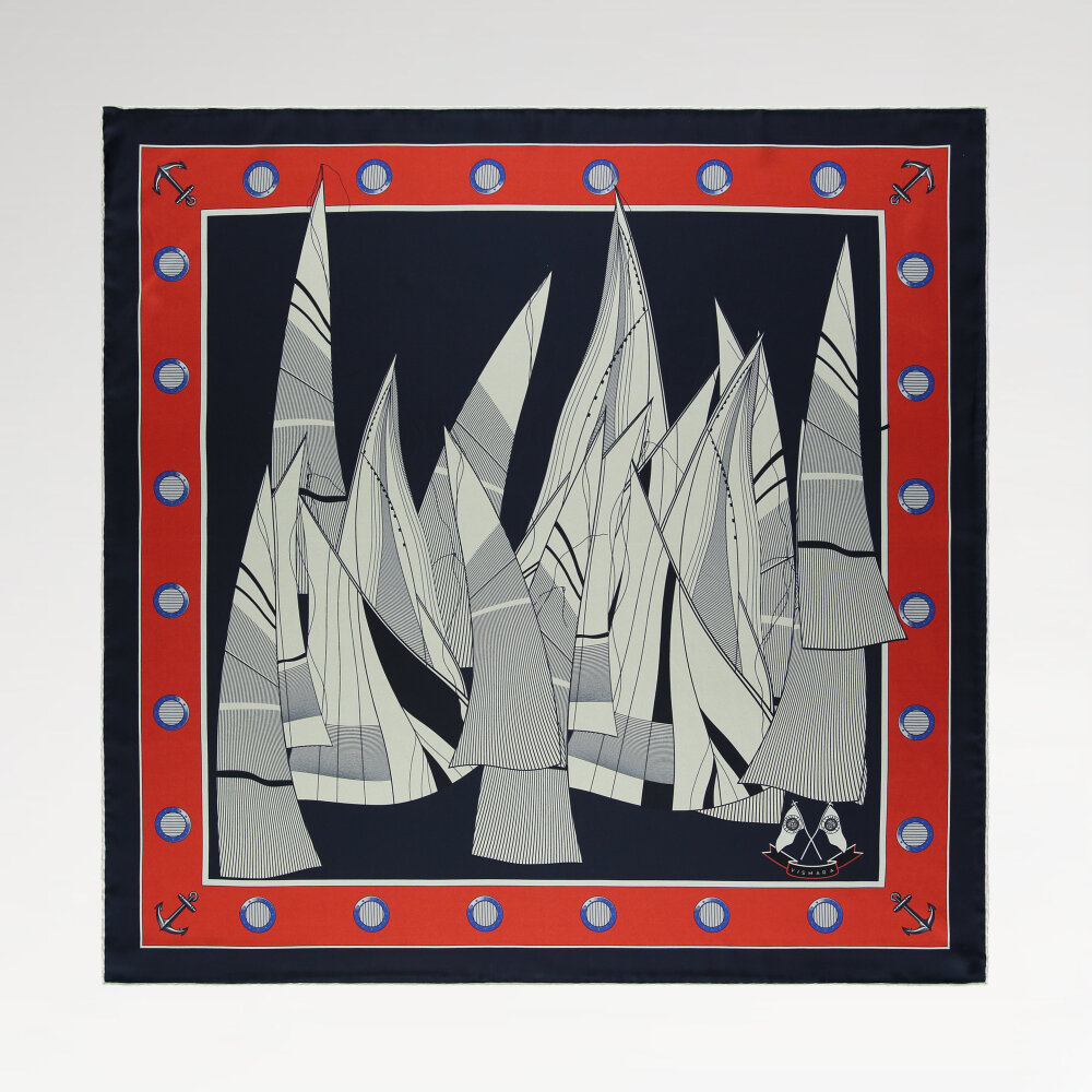 Navy Blue Sail Patterned Silk Square Scarf - 1