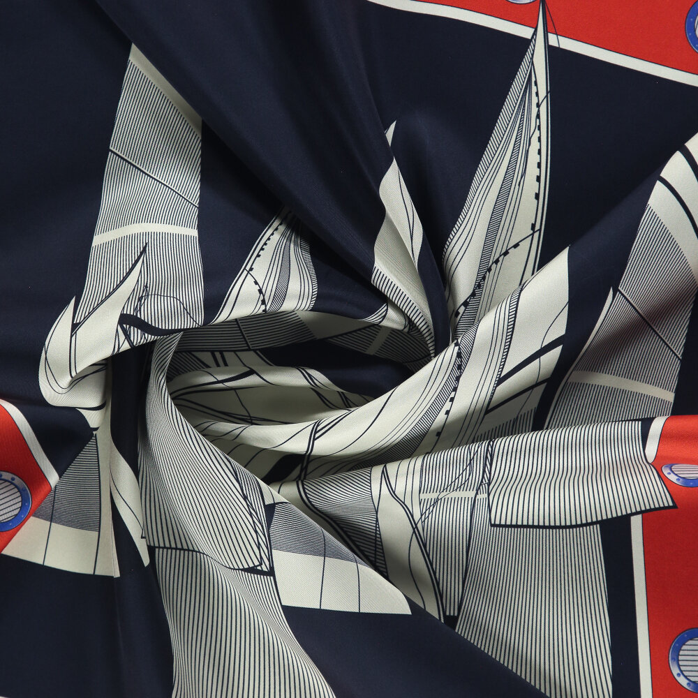 Navy Blue Sail Patterned Silk Square Scarf - 2