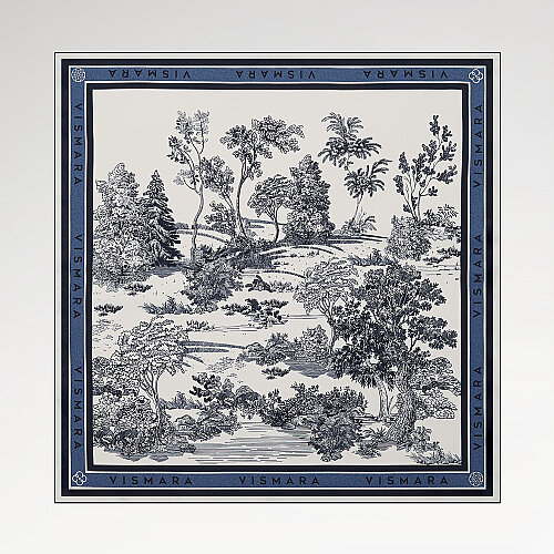 Navy Blue Toile Garden Pattern Twill Silk Square Scarf