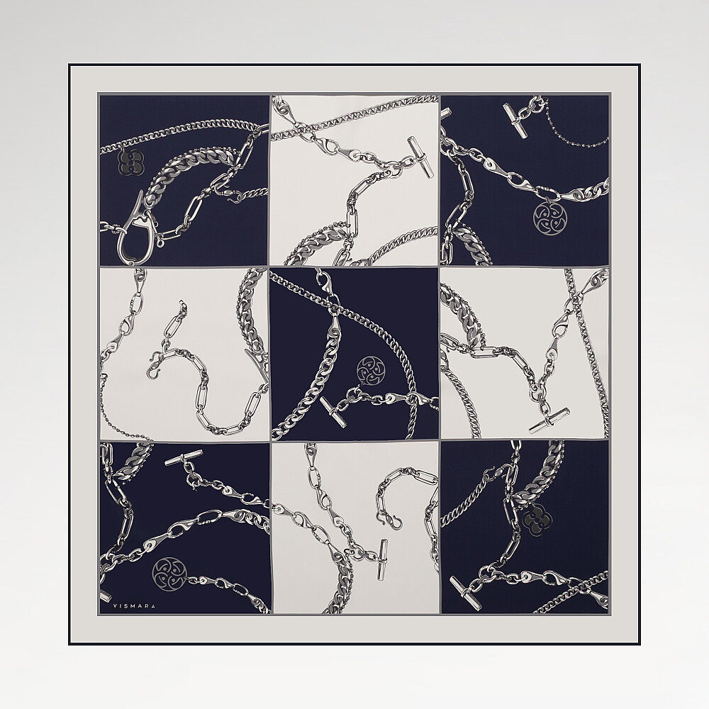 Navy Blue Vismara Chain Pattern Silk Square Scarf - 1