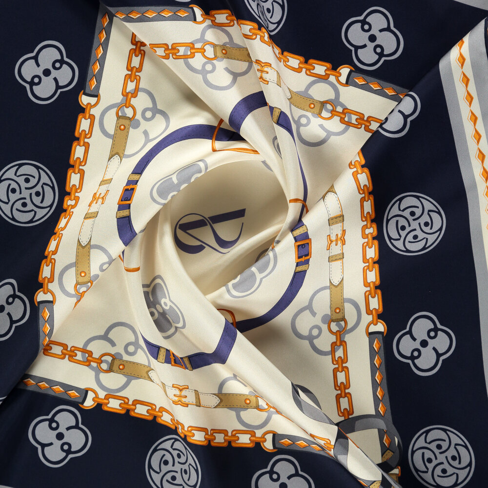 Navy Blue Vismara Monogram Chain Patterned Silk Square Scarf - 2