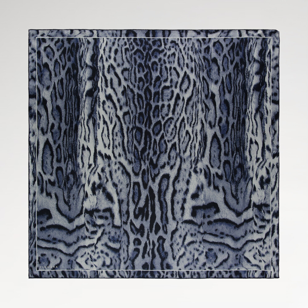 Navy Blue Leopard Motif Pattern Twill Silk Square Scarf