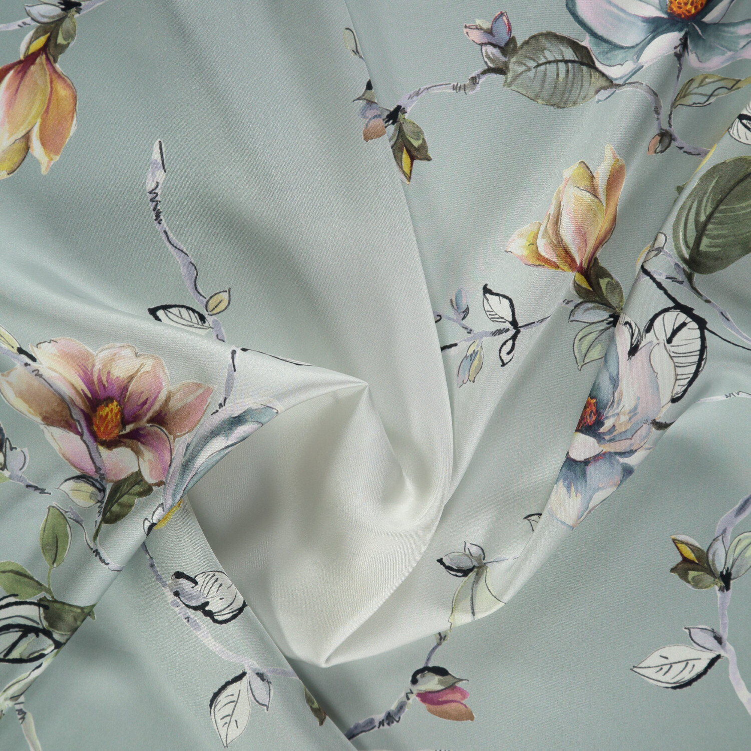 Twill Silk Square Scarf with Petrol Magnolia Flower Pattern - 2