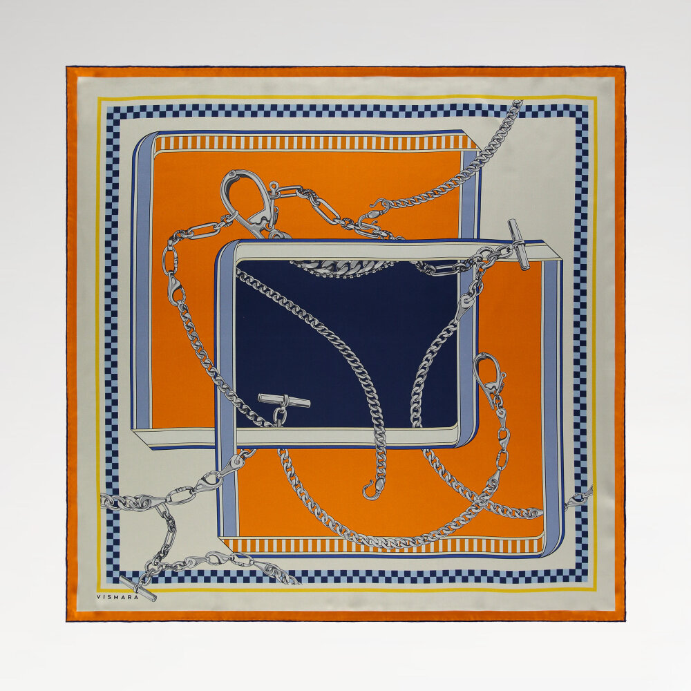 Orange and Navy Blue Chain Dance Patterned Silk Square Scarf - 1
