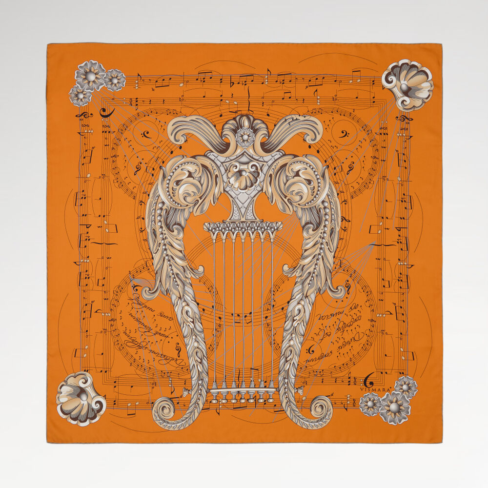 Orange Antique Lyre Pattern Twill Silk Square Scarf