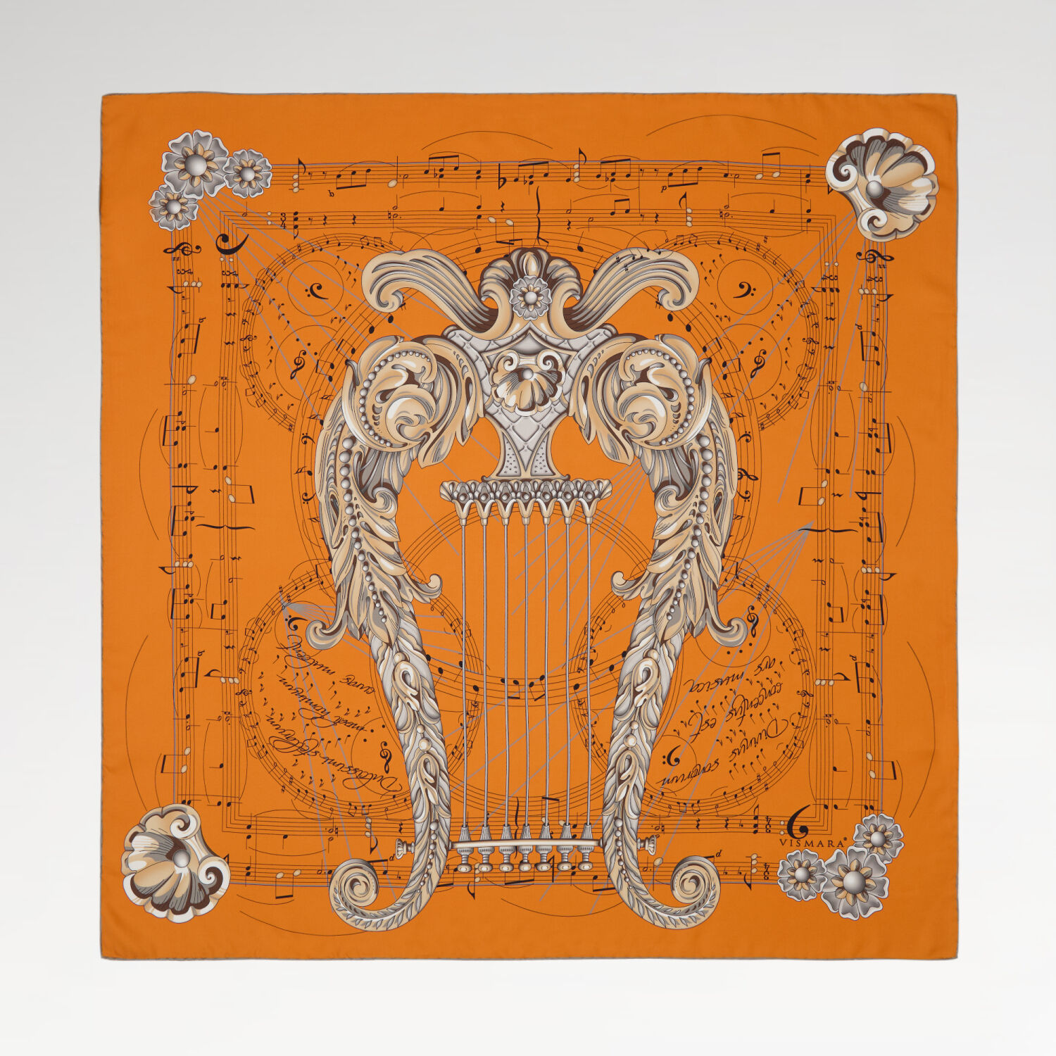 Orange Antique Lyre Pattern Twill Silk Square Scarf - 1