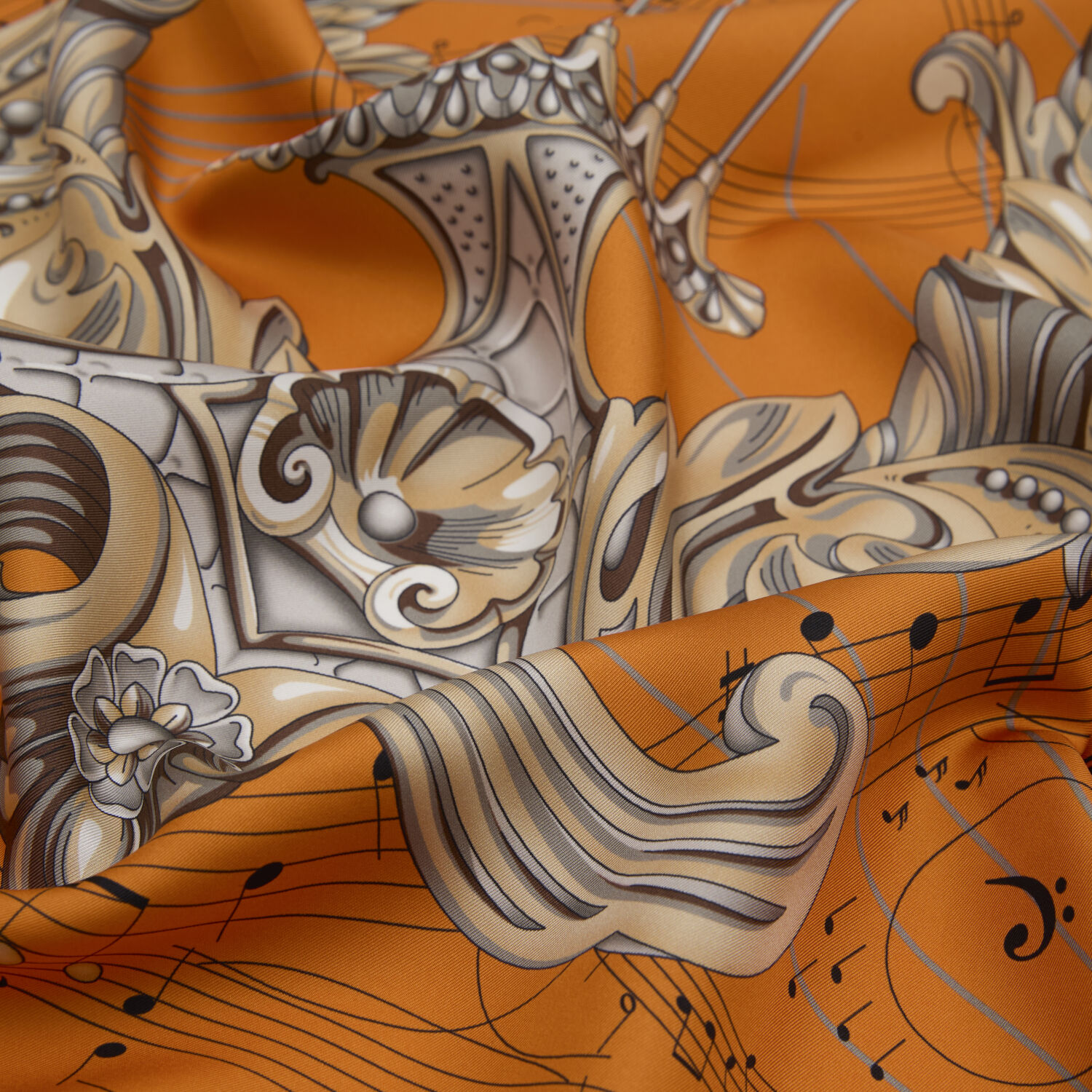 Orange Antique Lyre Pattern Twill Silk Square Scarf - 2