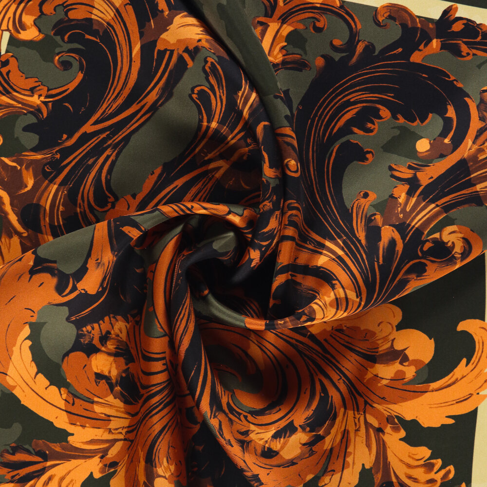 Orange Baroque Ivy Patterned Silk Square Scarf - 2