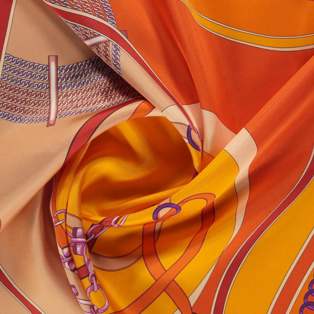 Orange Chain Harmony Patterned Silk Square Scarf - 2