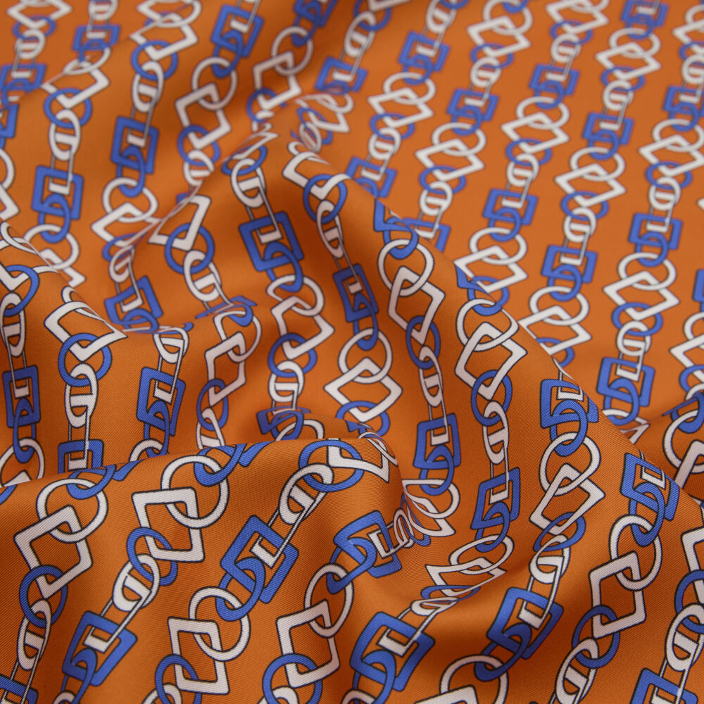 Orange Chain Motif Patterned Twill Silk Square Scarf - Vismara