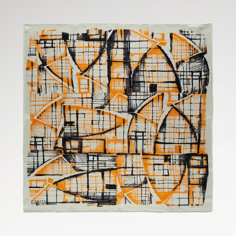 Orange Contour Pattern Twill Silk Square Scarf