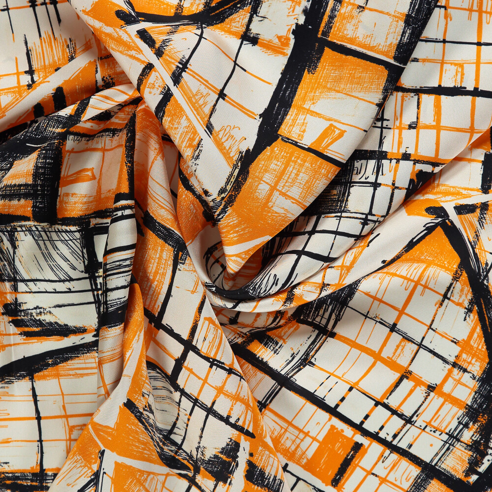 Orange Contour Pattern Twill Silk Square Scarf - Vismara