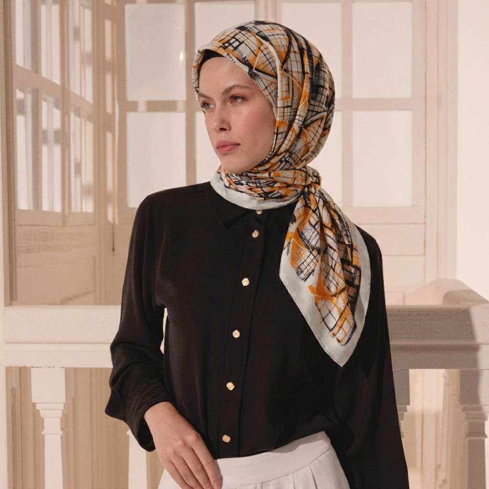 Orange Contour Pattern Twill Silk Square Scarf - 3