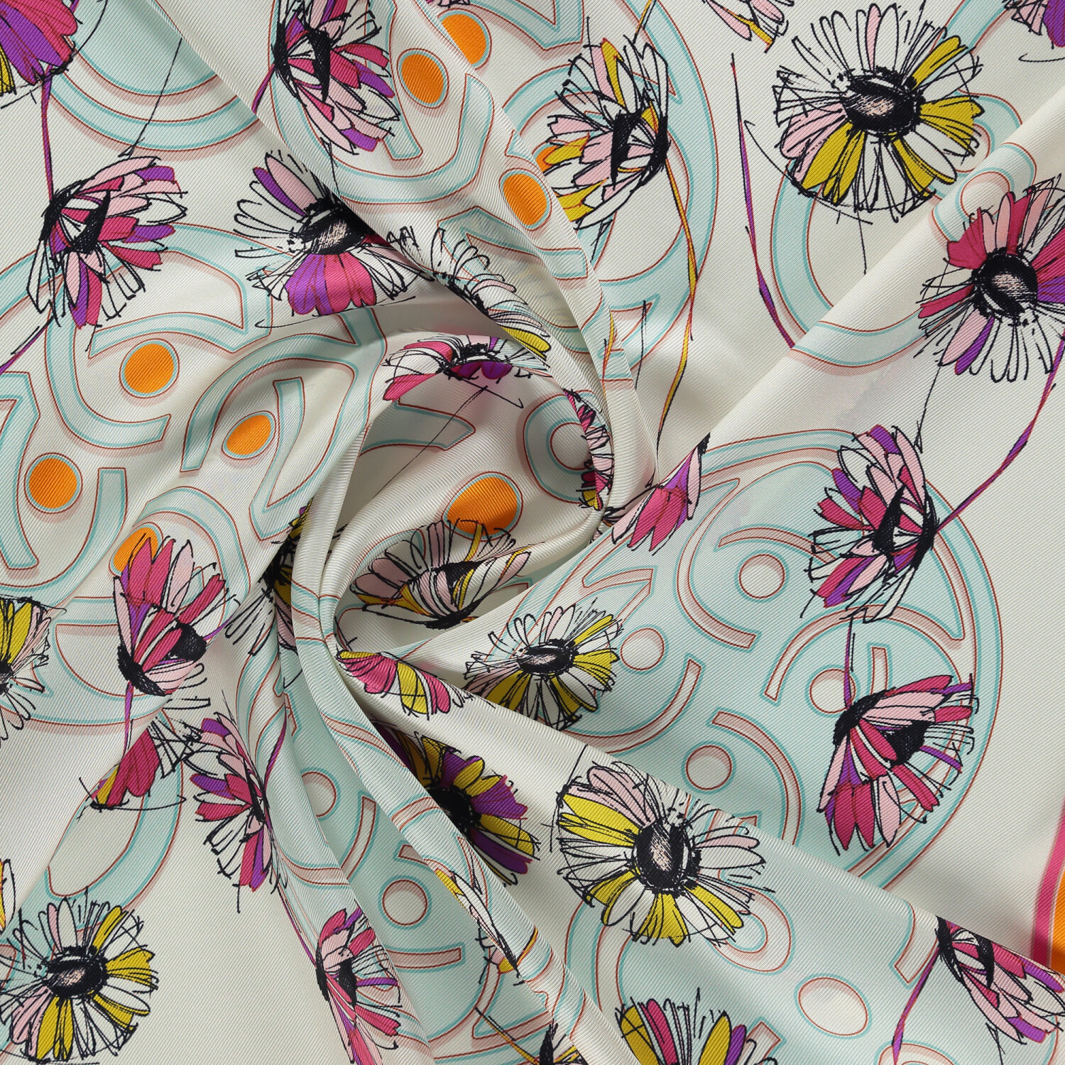 Orange Daisyne Pattern Twill Silk Square Scarf - 2