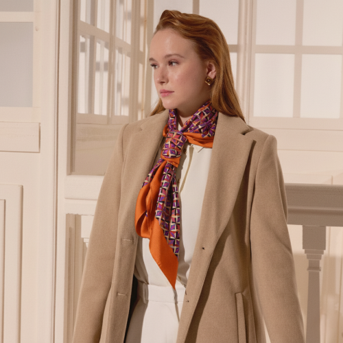 Orange Diamond Line Retro Pattern Twill Silk Square Scarf - Vismara