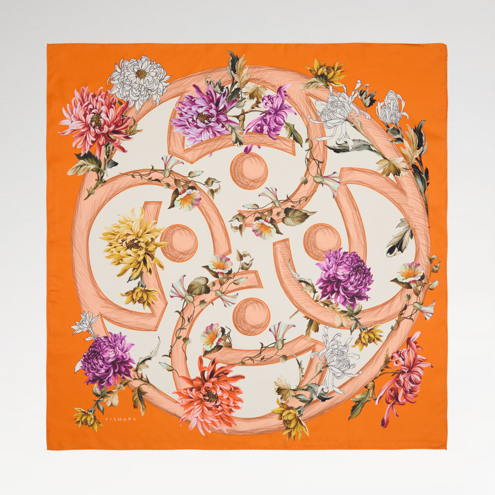 Orange Flower Magic Patterned Twill Silk Square Scarf