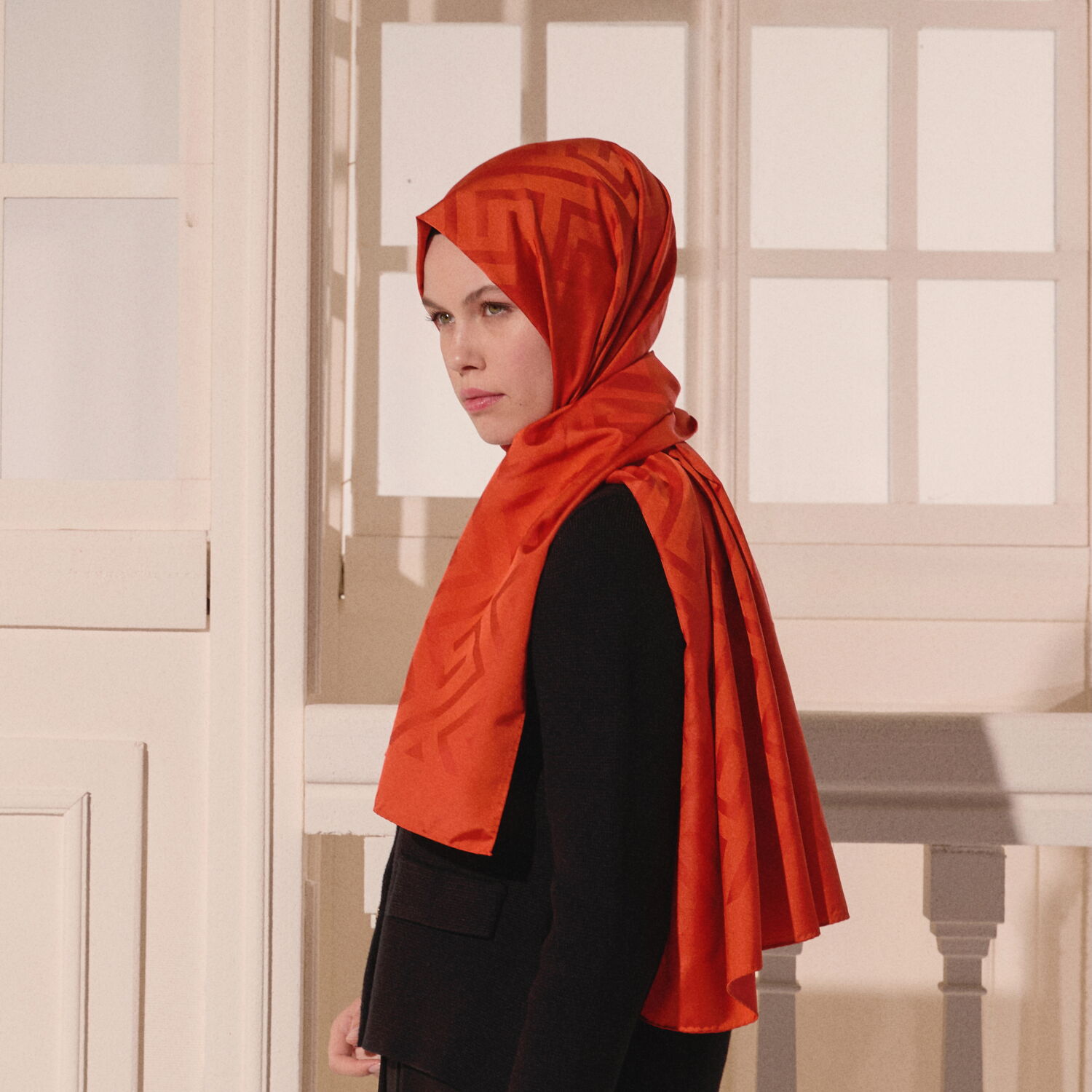 Orange G Pattern Jacquard Wool Silk Scarf - 3
