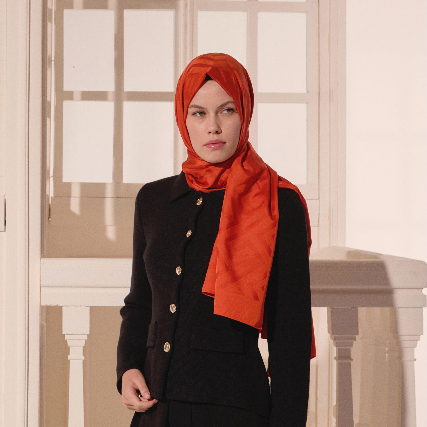Orange G Pattern Jacquard Wool Silk Scarf - 4