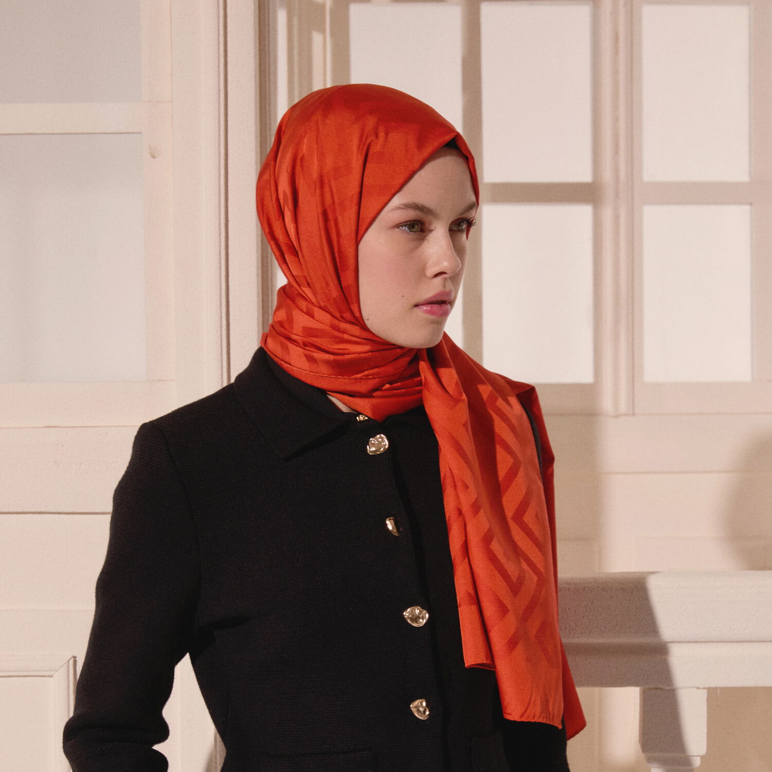 Orange G Pattern Jacquard Wool Silk Scarf - 5