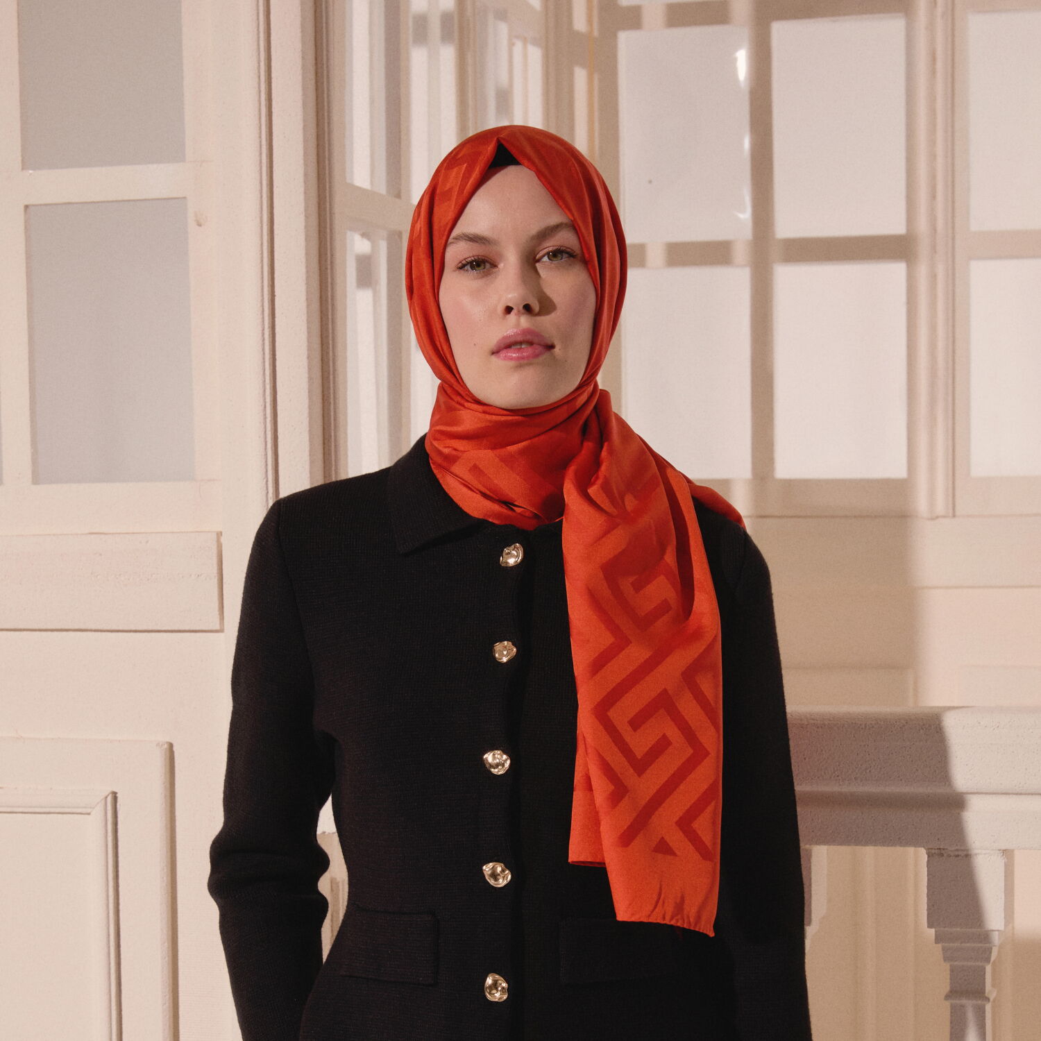 Orange G Pattern Jacquard Wool Silk Scarf - 6