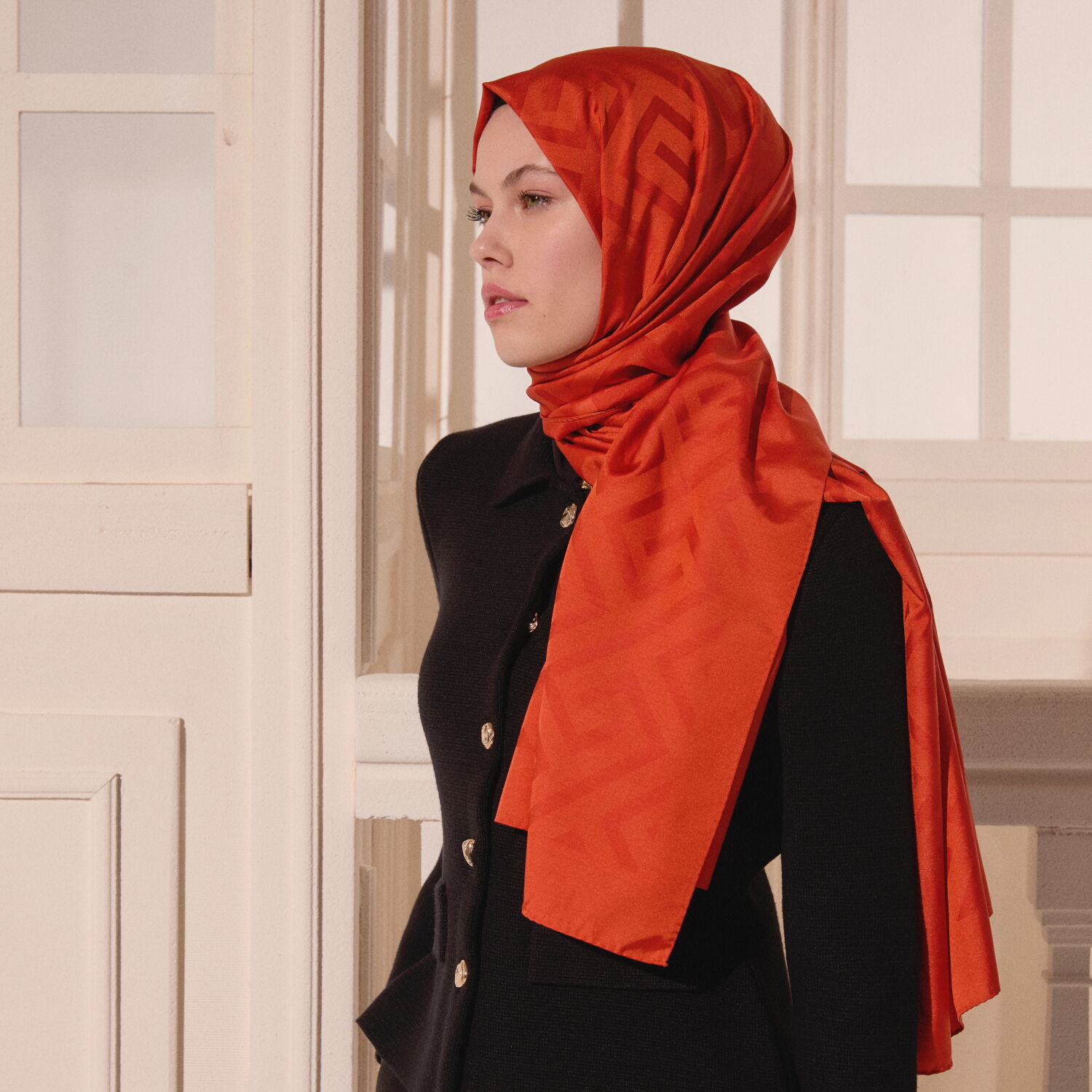 Orange G Pattern Jacquard Wool Silk Scarf - 7