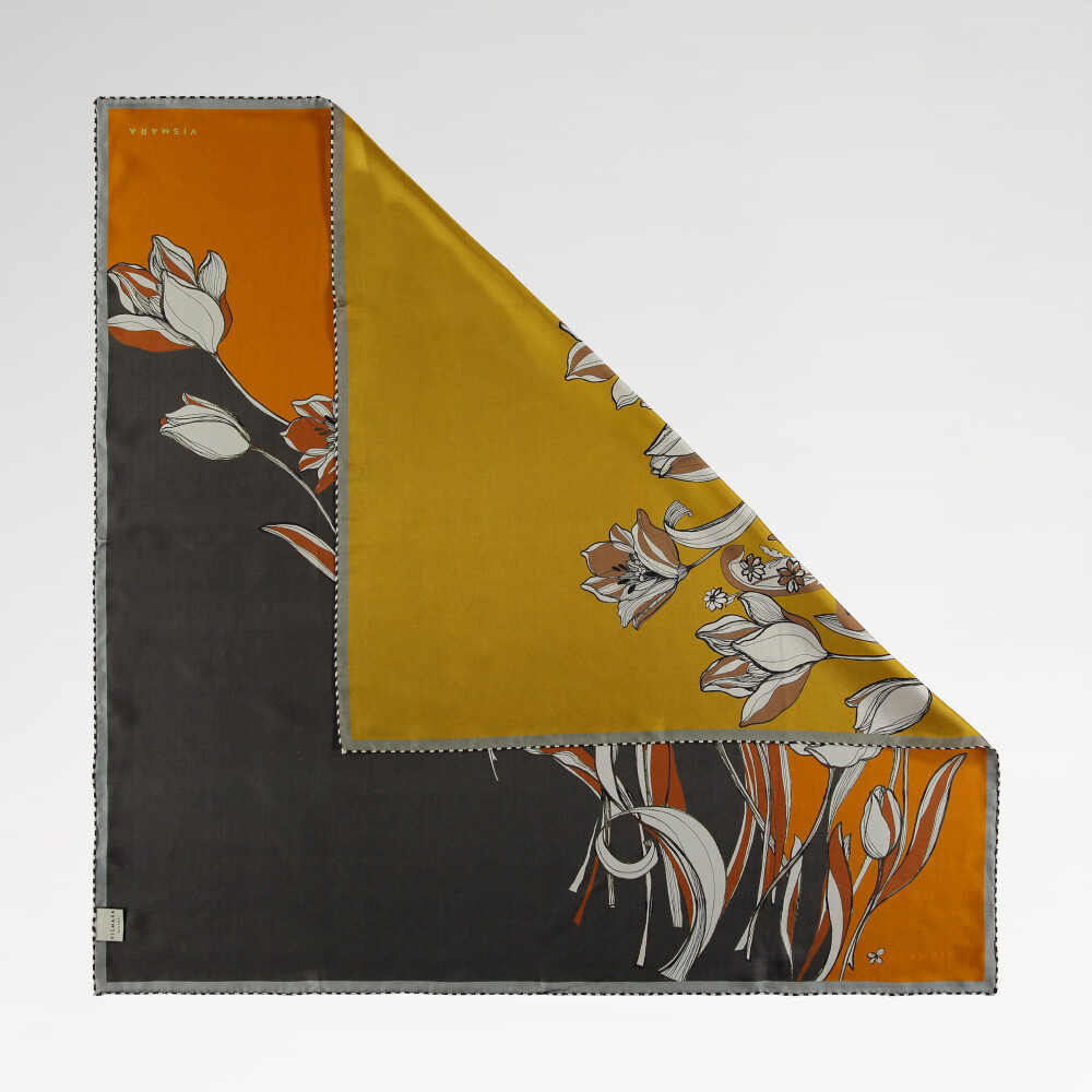 Orange Grey Tulip Flower Patterned Reversible Silk Square Scarf - Vismara
