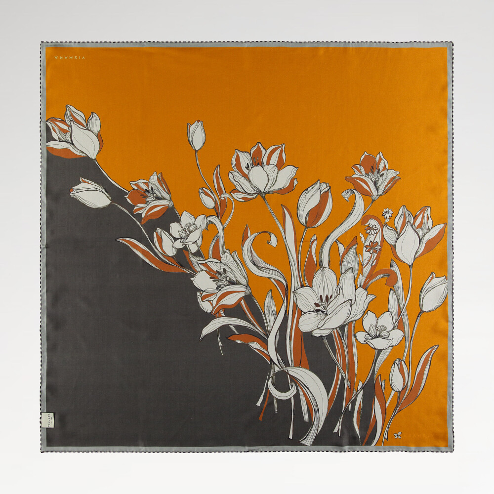 Orange Grey Tulip Flower Patterned Reversible Silk Square Scarf - Vismara