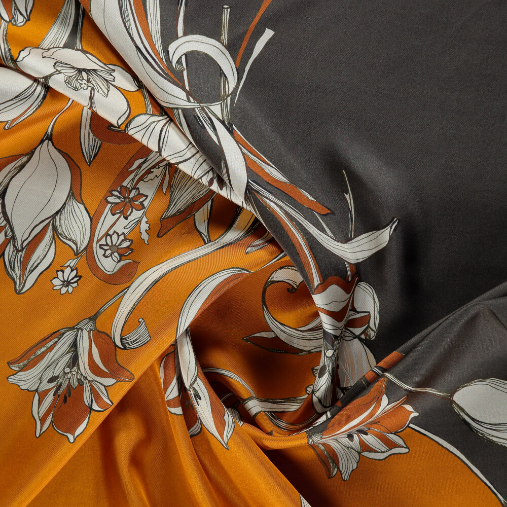 Orange Grey Tulip Flower Patterned Reversible Silk Square Scarf - Vismara