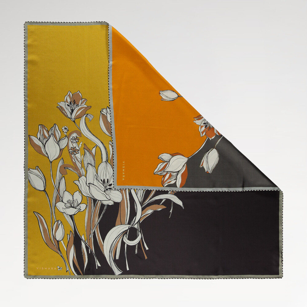 Orange Grey Tulip Flower Patterned Reversible Silk Square Scarf - Vismara