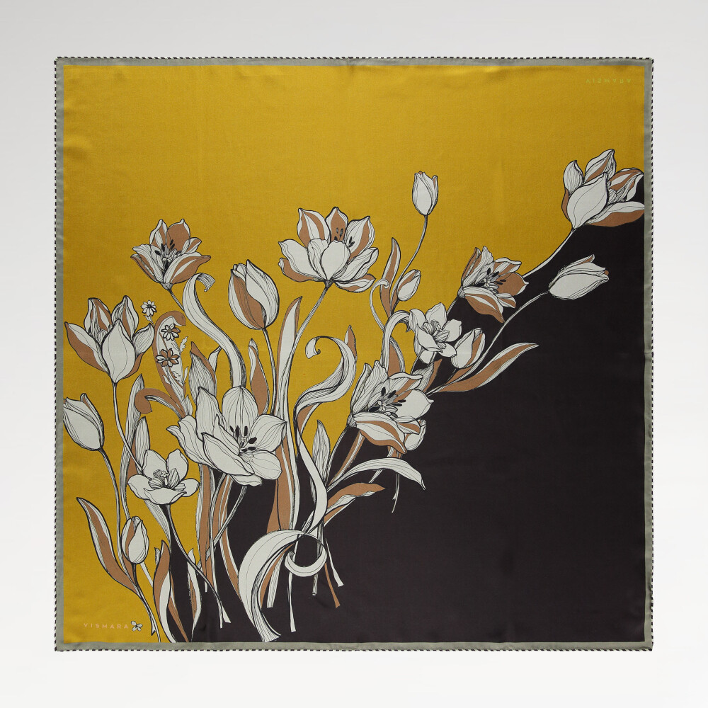 Orange Grey Tulip Flower Patterned Reversible Silk Square Scarf - Vismara