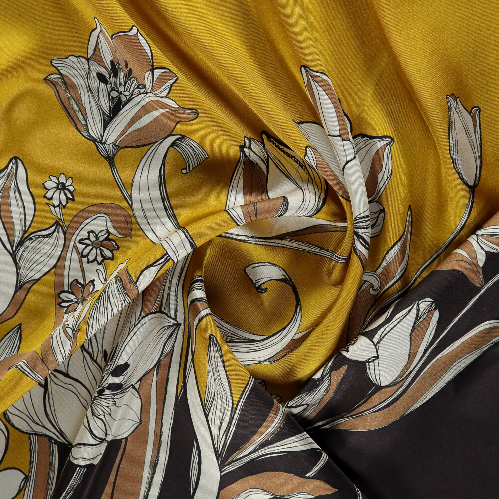 Orange Grey Tulip Flower Patterned Reversible Silk Square Scarf - Vismara