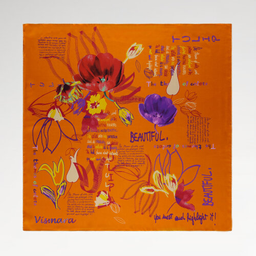 Orange Handwritten Silk Square Scarf with Flower Harmony Pattern