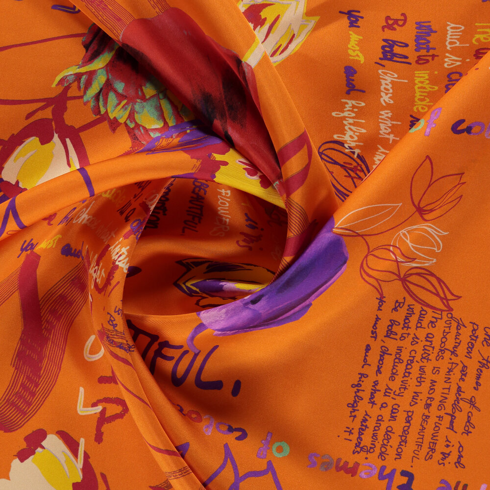 Orange Handwritten Silk Square Scarf with Flower Harmony Pattern - 2