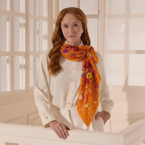 Orange Handwritten Silk Square Scarf with Flower Harmony Pattern - Vismara