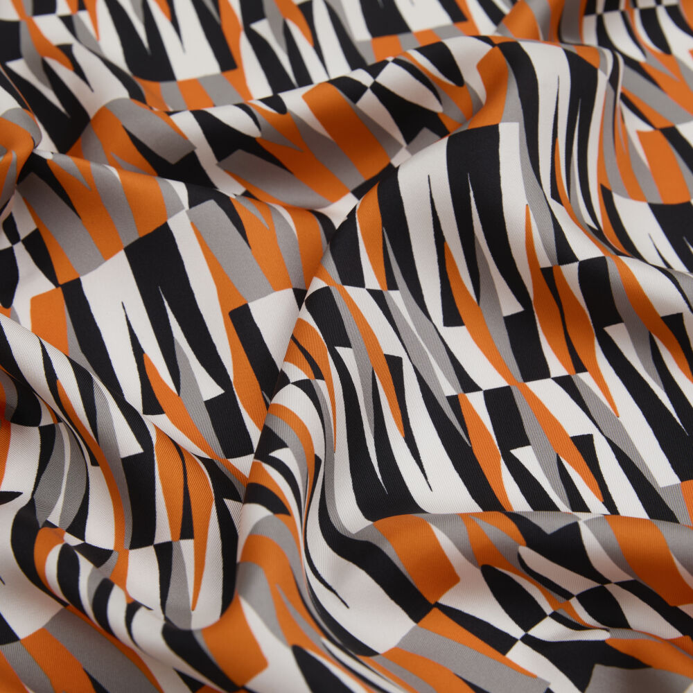 Orange Ikat Retro Patterned Twill Silk Square Scarf - Vismara