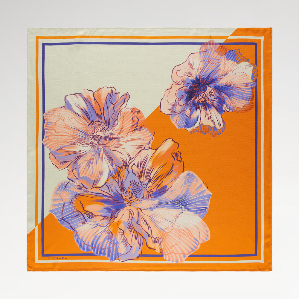 Orange Linea Fiora Pattern Twill Silk Square Scarf